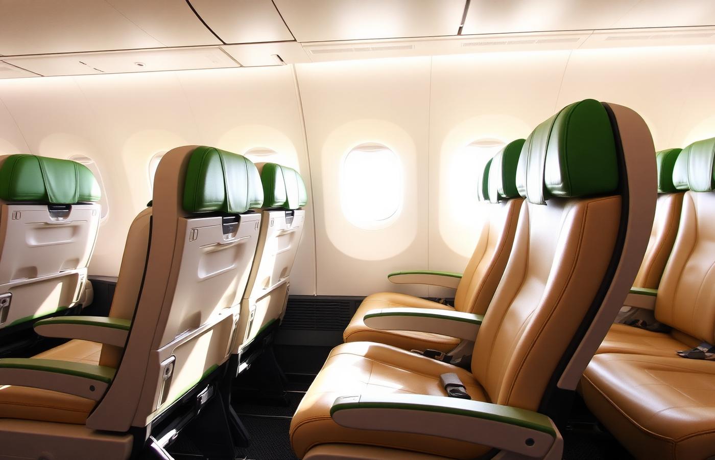 Bright airline cabin interior with cream and green seating