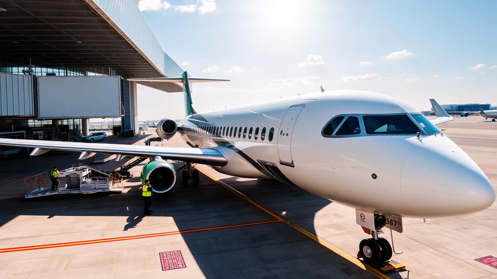 Narrowbody airliner in green and gold livery at an airport gate